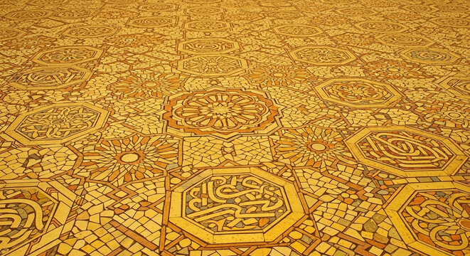Ancient golden mosaic tiles featuring intricate geometric patterns and traditional Arabic calligraphy span across the vast historic palace floor during a bright afternoon sun shining inside
