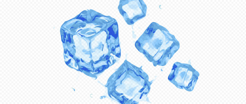 Easy to edit layered vector shadow. Four floating blue ice cubes with crystalline texture for beverage packaging. Adjust tonal layer opacity to control shadow intensity and perceived softness.