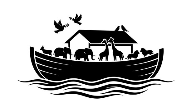 Noah's Ark with Animals and Birds Black Silhouette Vector Illustration