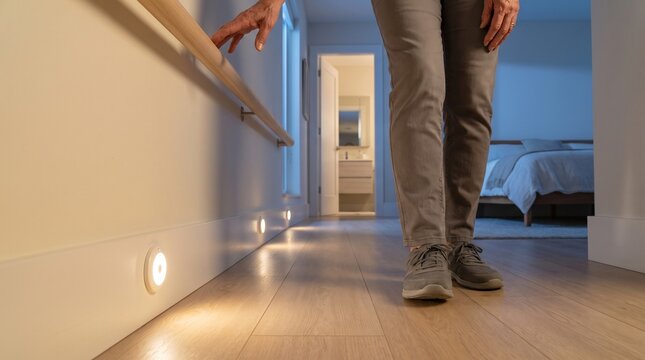 Senior person walking safely in a hallway with wall handrails and illuminated footlights for home safety