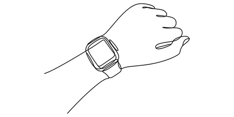 Obraz premium Close up wrist with wearable smart watch single continuous line art drawing depicting modern digital tech connectivity app.