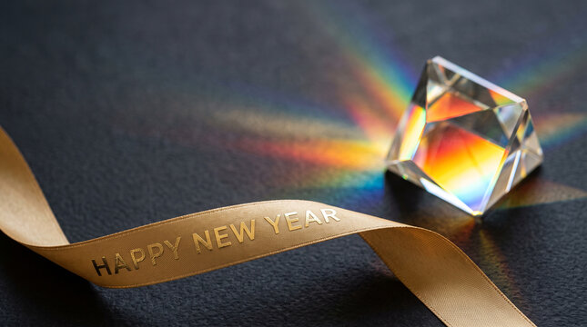 A crystal prism casting a rainbow light spectrum next to a gold happy new year ribbon with colorful spectrum beside glass prism refracts ribbon printed text celebration
