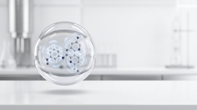 Scientific molecular structure model suspended inside transparent glass sphere floating above clean white laboratory desk surface with soft bright lighting