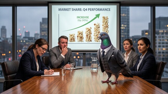 Pigeon wearing a business suit presenting market growth data to a team of professionals in a boardroom