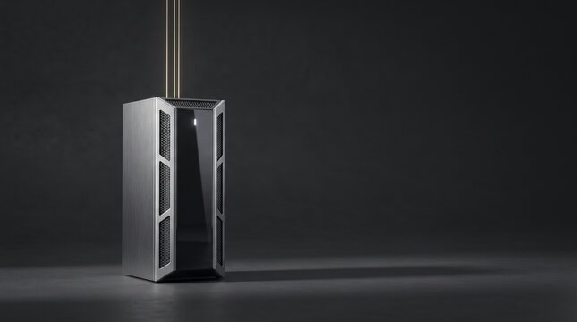 Modern computer tower case featuring brushed metallic panels and sleek dark aesthetics displayed within a professional studio setting under lighting