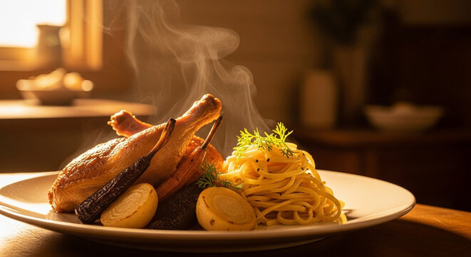 A steaming hot plate of savory roasted poultry and seasoned pasta sits inside a rustic kitchen during sunset, featuring aromatic herbs and vegetables alongside golden noodles for a hearty feast
