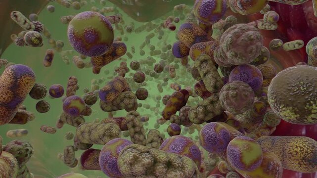 4k video inside human intestine tunnel with microscopic gut microbiome bacteria and rod bacilli. Realistic medical visualization of healthy digestive tract microflora, flora, and probiotic biology