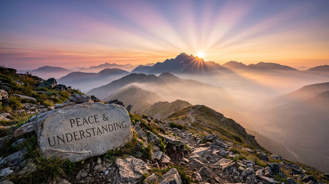 Sunlight rays shine over mountain peaks with a stone engraved with peace with foreground bearing engraved illuminate mountain range large rock foreground range sunrise