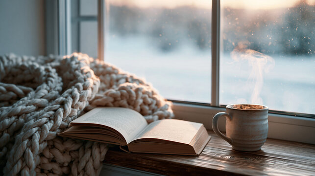 Cozy window seat with knit blanket, open book and steaming mug, snowy view