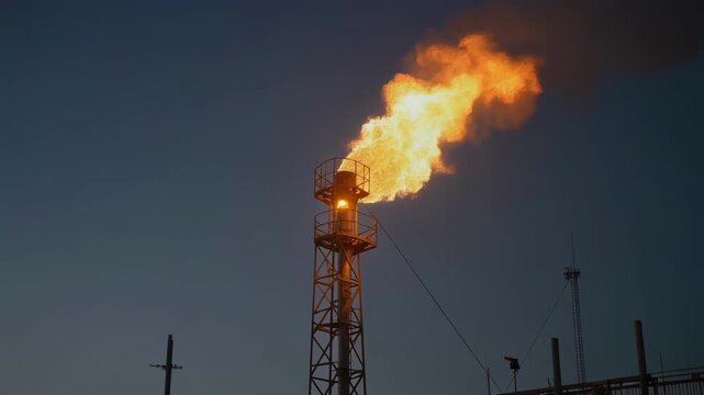 Industrial flare stack burning gas against twilight sky with cinematic motion
