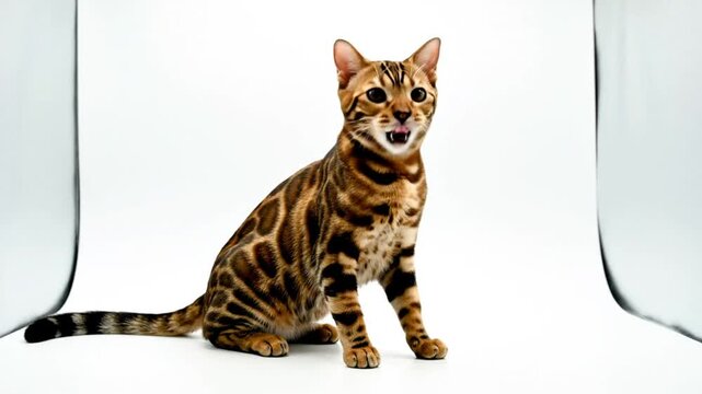 Bengal cat sitting and looking up, then licking lips on white background in a studio