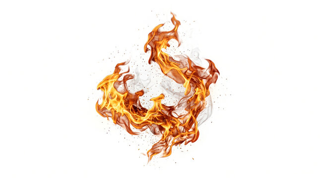 A swirling aura of intense orange and yellow flames isolated against a plain white background with scattered embers against flames form circular bright swirling