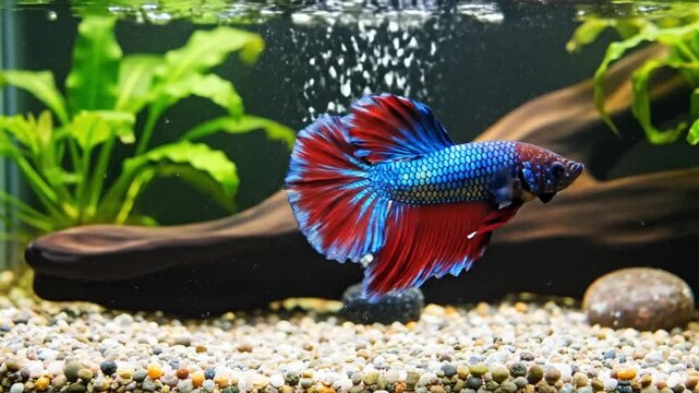 Beautiful vibrant betta fish swimming gracefully in a tranquil aquarium with lush greenery and air bubbles