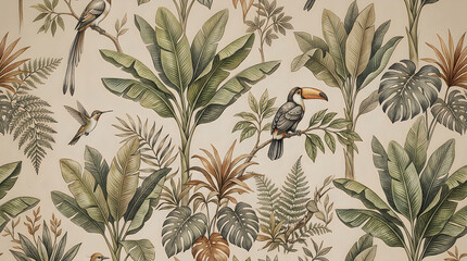 Fototapeta premium Seamless pattern with tropical toucan birds and green palm leaves on a light grey background