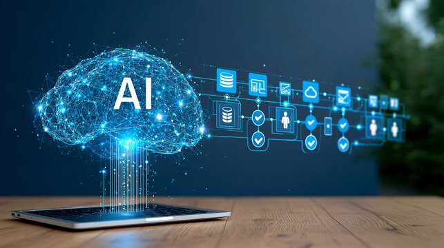 AI-powered workflow connecting cloud databases, business applications and human approval stages, process automation, intelligent integration, enterprise architecture, digital
