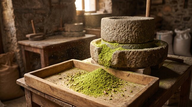 Stone mill grinding pistachios into green flour