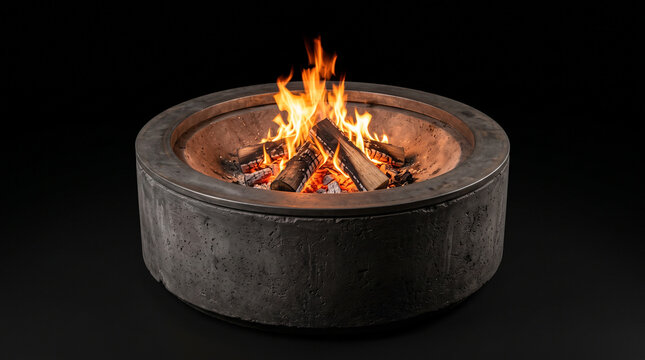 A circular concrete fire pit with burning wood logs glowing against a solid black background with embers dark background cylindrical concrete contains burning with industrial