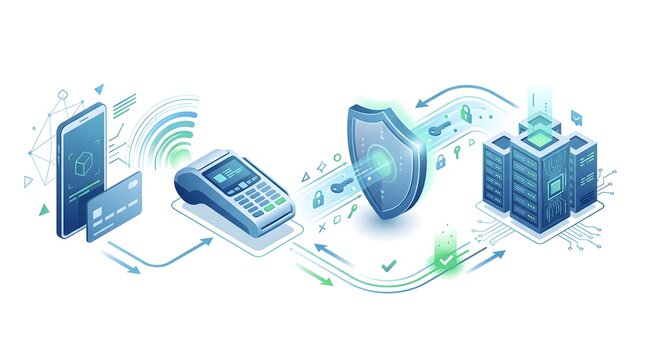 Isometric digital payment processing flow with credit card terminal and secure server protection