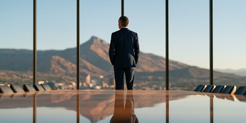 Fototapeta na wymiar Businessman in glass conference room facing mountain panorama for leadership background and executive banner design