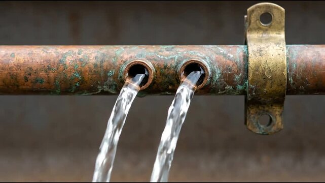 Copper pipe releasing water streams from corroded openings in a close-up view against dark background