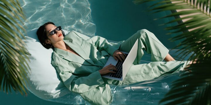 Woman working remotely on laptop while relaxing on white pool float in mint suit for summer banner design and lifestyle background