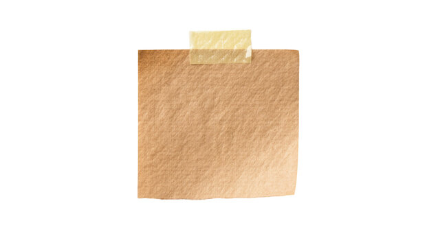 Brown kraft paper sticky note with yellow tape, isolated on transparent background