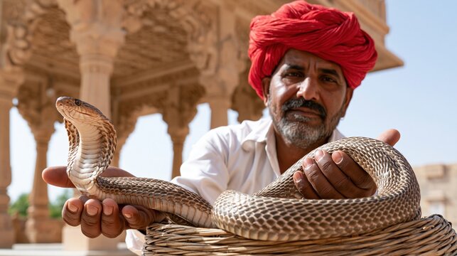 Indian cobra handler holding hooded serpent in basket near temple ruins