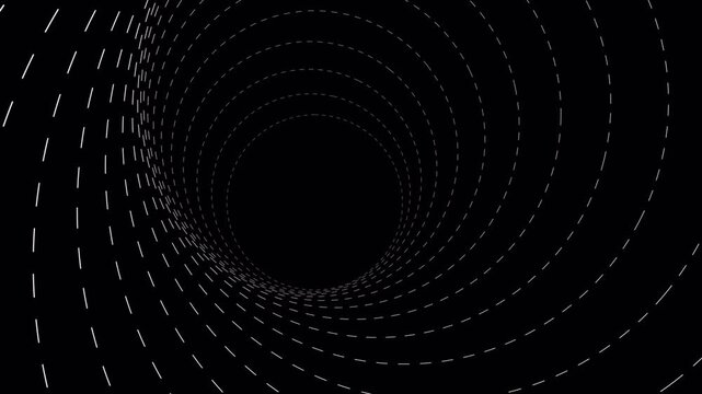 Abstract geometric spiral motion background with white dotted lines on black.