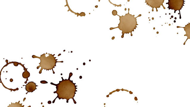 Brown coffee stains and splatters, isolated on transparent background