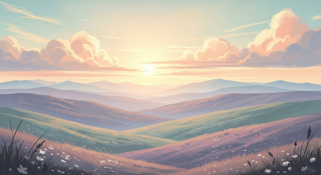 A breathtaking panoramic view showcases rolling green hills beneath a vibrant sunrise, casting golden light across the peaceful valley landscape with soft clouds floating in the vast morning sky