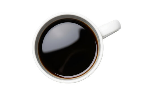 Top view of a white cup filled with fresh hot black coffee isolated on transparent background