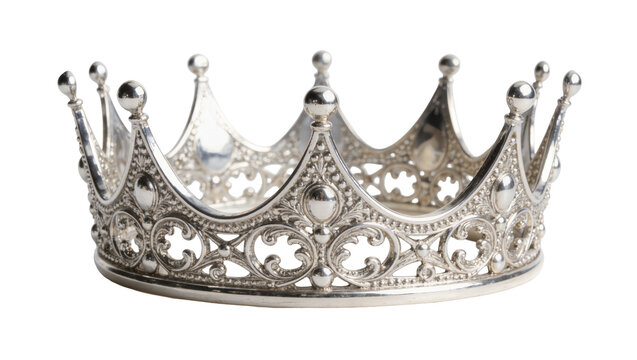Ornate silver crown with intricate filigree details, isolated on transparent background