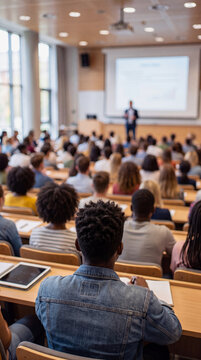 Crowded lecture room with diverse student audience at university college, back to school conference presentation hall, training seminar meeting. Vertical layout