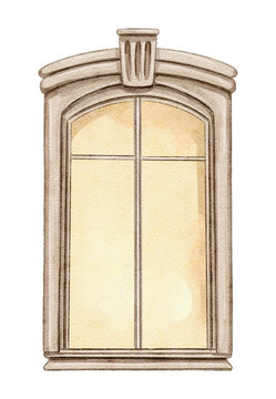Vintage cartoon cute window frame viewed from outside with yellow light and balcony railings isolated on white background. Watercolor and pencil hand drawn illustration sketch