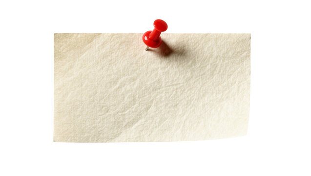 Red plastic thumbtack piercing a textured beige paper note, isolated on transparent background
