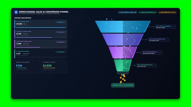 Omnichannel Sales Conversion Funnel UI Dashboard Animation with Financial Metrics and Lead Analytics