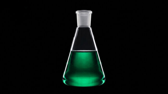 A glass erlenmeyer flask containing a glowing green liquid isolated against a solid black background with laboratory flask filled stands against dark vibrant glowing