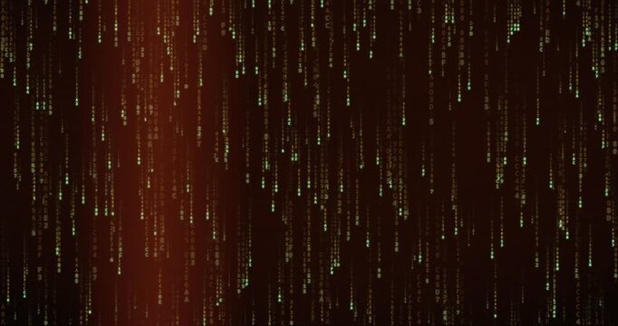 Hexadecimal code symbols cascade down in a 4K animation with a deep tunnel effect and radiant glow.