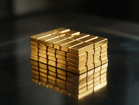 Neat stack of shiny gold bars on dark reflective surface