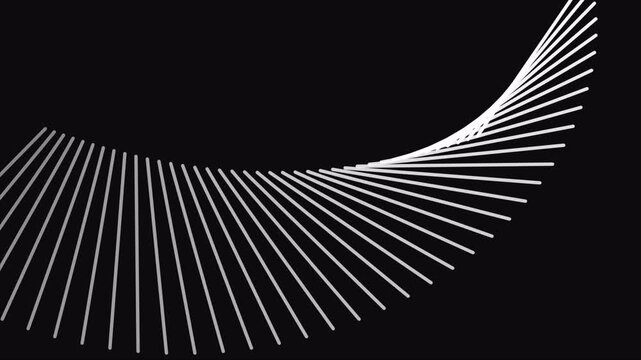 Abstract minimal motion background with white lines curving on black surface.
