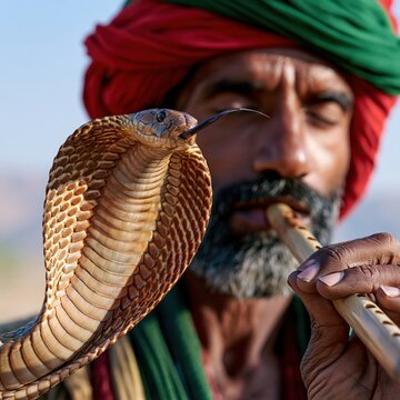 Snake Chaser playing flute music surrounded by cobra