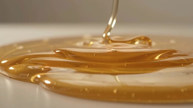 Golden honey pouring onto a smooth white surface