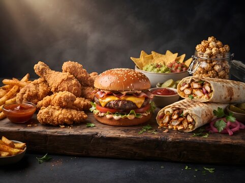 Hearty fast food combo with cheeseburger, fried chicken wings, and tortilla wraps