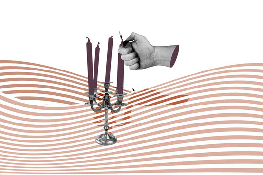 Composite trend artwork sketch image collage of&nbsp;miniature striped backdrop four candle&nbsp;candelabra hand bodyless hold fire burn gaslighter