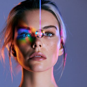 Woman eye hologram prism rainbow spectrum light beam