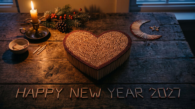 Handcrafted wooden matchsticks forming heart shape on rustic wooden table for new year celebration