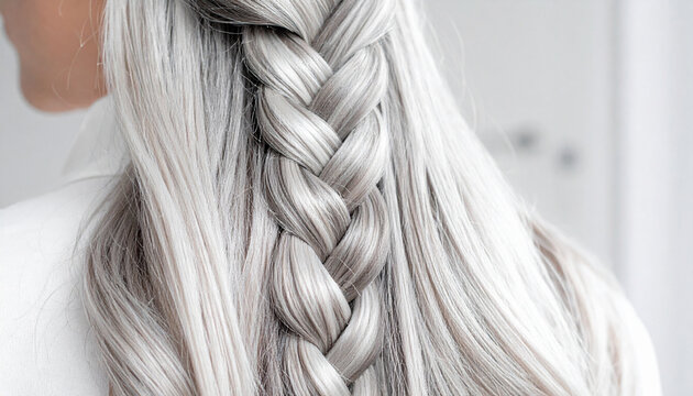 A stunning closeup of a braided hairstyle with icy silverblonde tones. This elegant, minimalist image evokes sophistication and modern beauty, perfect for hair salon branding and fashion ads.