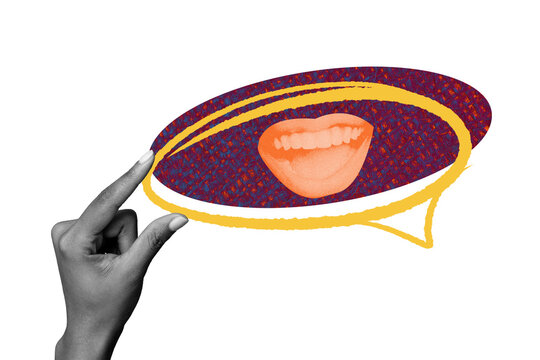 Composite trend artwork sketch image photo collage of abstract caricature huge hand fragment face talk textbox speech cloud finger hold