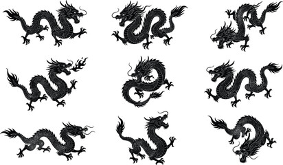 Fototapeta premium Traditional Black Ink Chinese Dragon Silhouette Vector Collection Featuring Detailed Asian Mythological Serpents For Fantasy Illustrations, Cultural Tattoos, Logos, Patterns, and Decorative Art