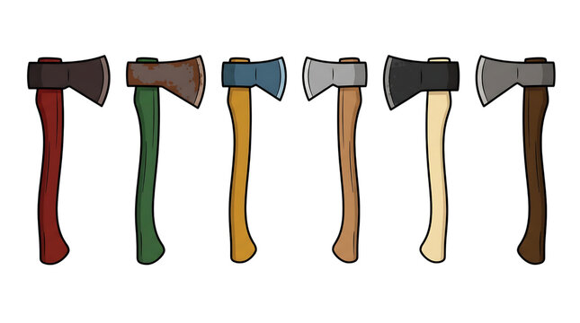 Colorful hand axe and hatchet illustrations for woodworking tools, camping gear branding, survival equipment logos and lumberjack merchandise
